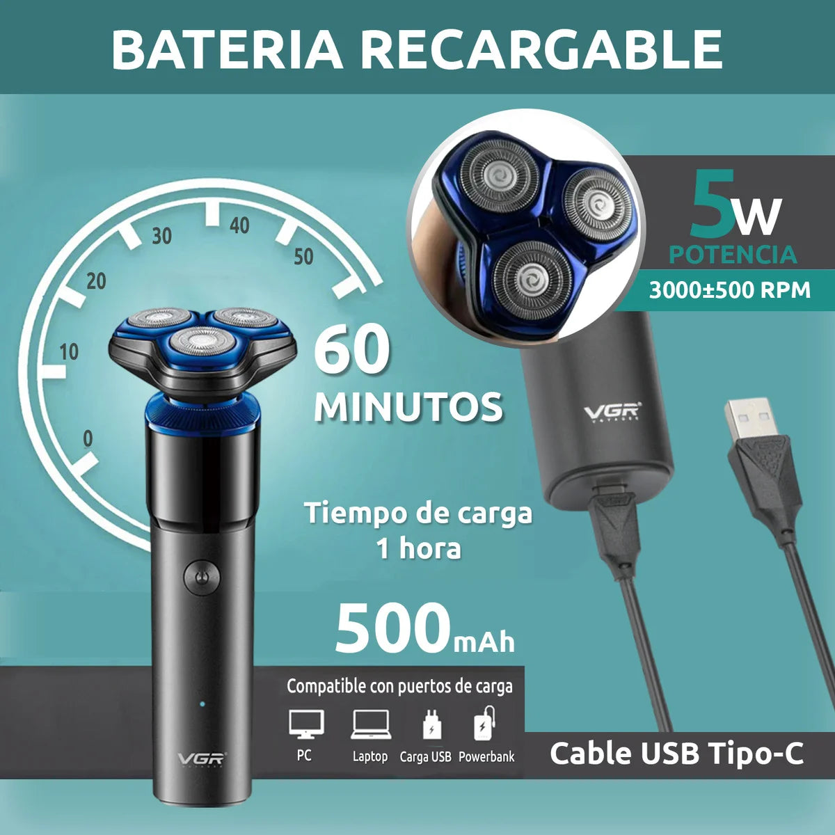Afeitadora VGR V-325 Recargable | 3 Cabezales Flotantes 360°
